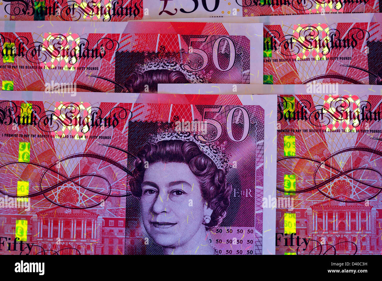 50 libbre banconota sotto luce UV, UK, 2010 Foto Stock
