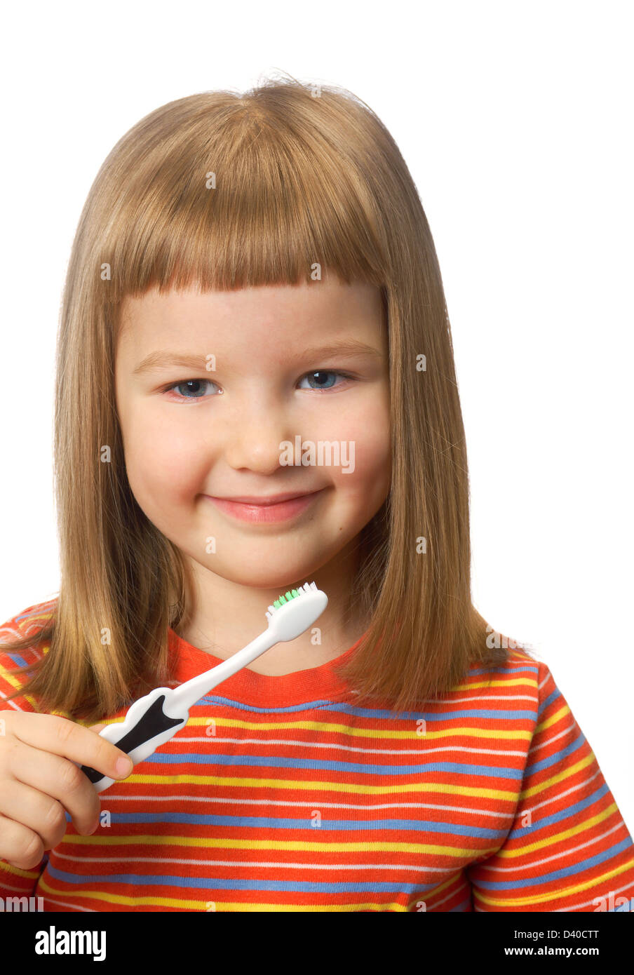 Ragazza con spazzolino da denti isolati su uno sfondo bianco. Foto Stock