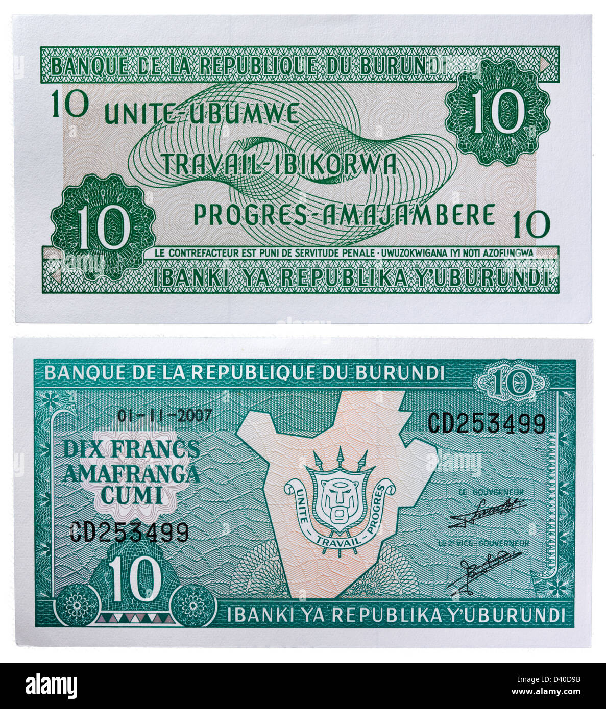 10 franchi banconota, Burundi, 2007 Foto Stock