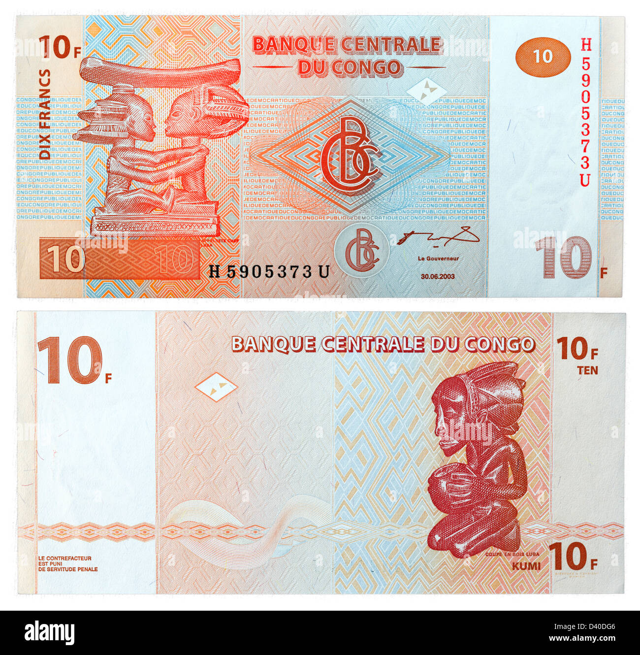 10 franchi banconota, Congo, 2003 Foto Stock
