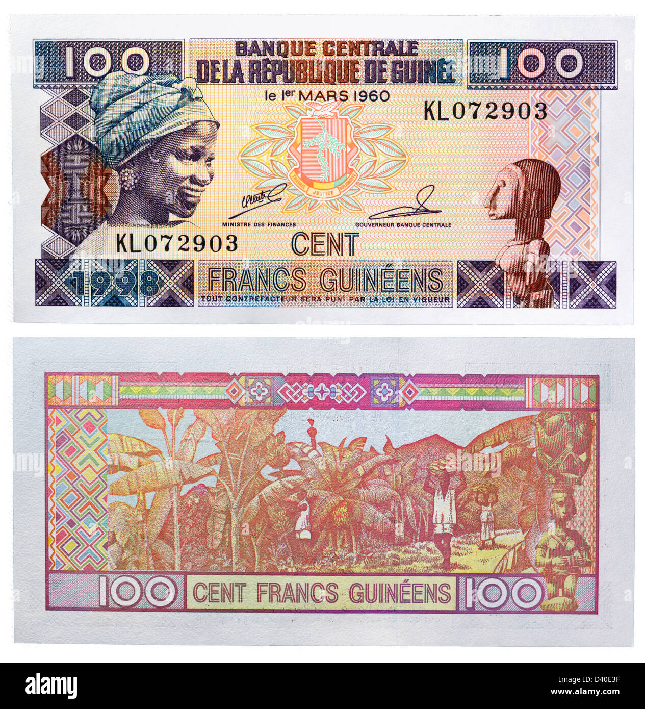 100 Franchi banconota, giovane donna e la raccolta di banane, Guinea, 1985 Foto Stock