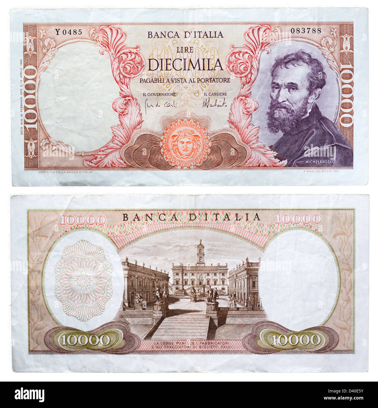 10000 Lire banconota, Michelangelo e la Piazza del Campidoglio a Roma, Italia, 1973 Foto Stock