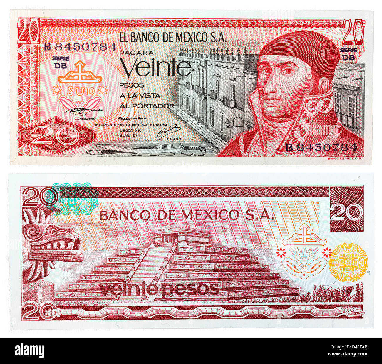 20 pesos banconota, Jose Morelos y Pavon e piramide di Quetzalcoatl, Messico, 1977 Foto Stock