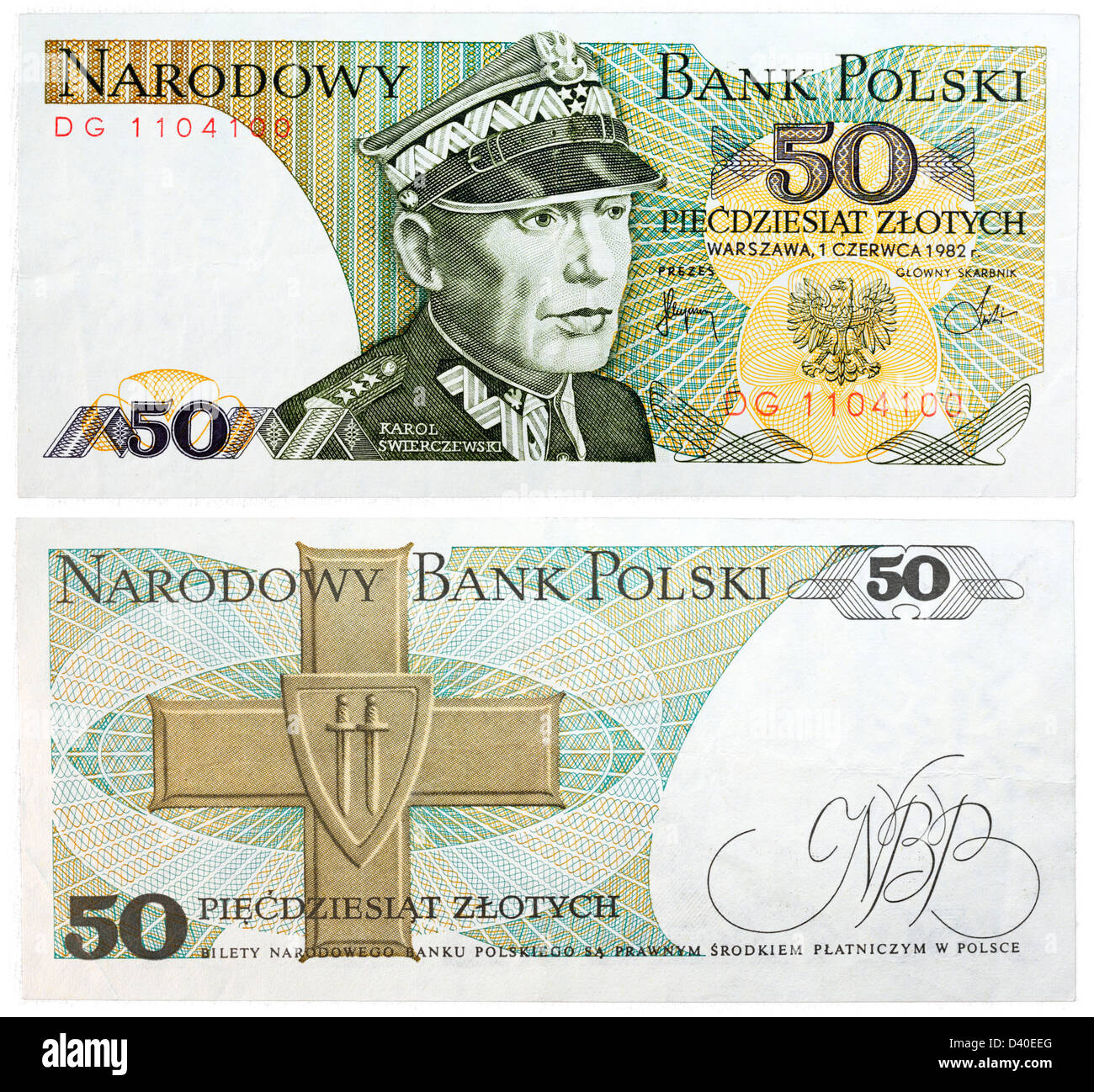 50 Zloti banconota, Generale Karol Swierczewski e ordine di Grunwald, Polonia, 1982 Foto Stock