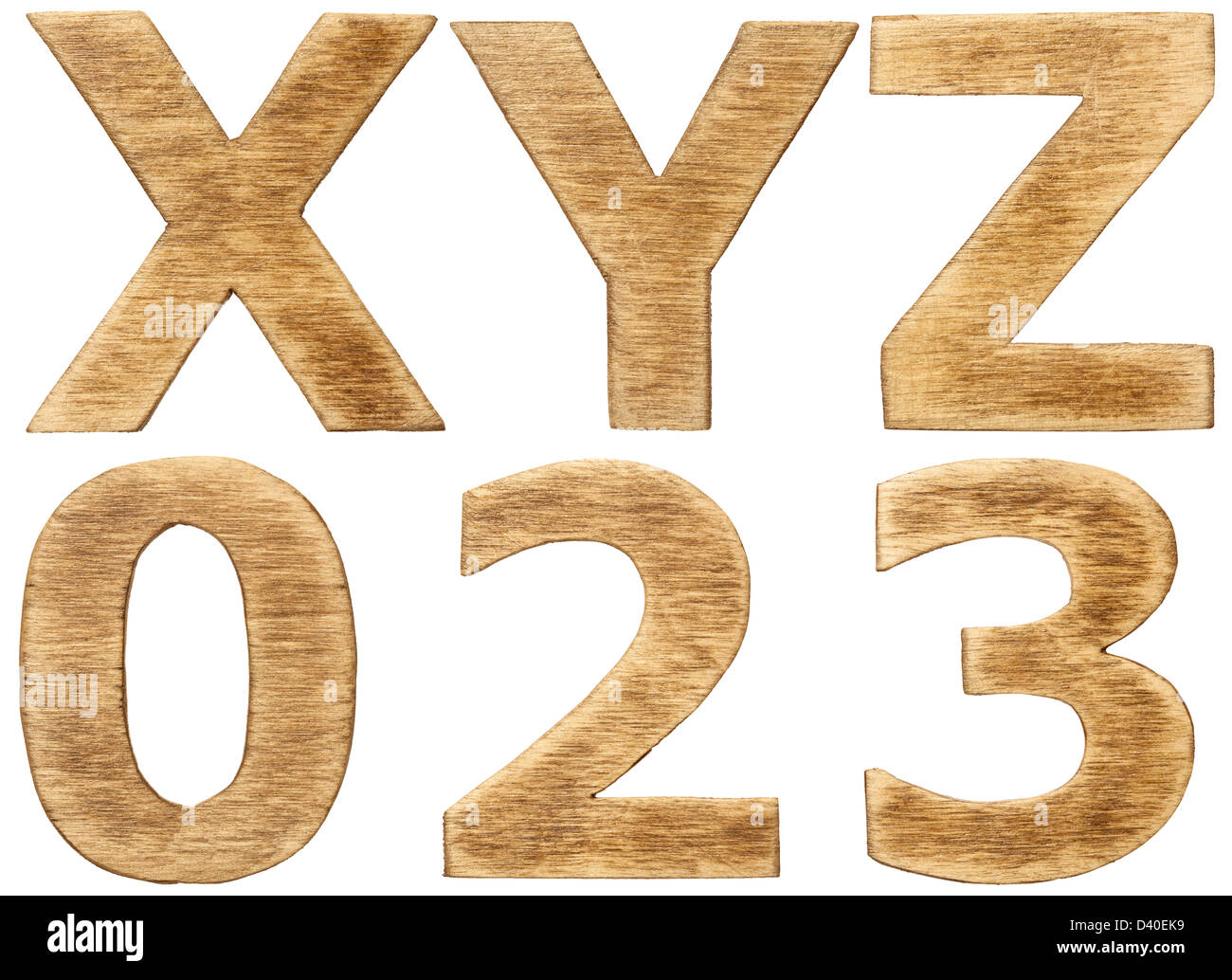 Alfabeto di legno lettere e numeri. Foto Stock