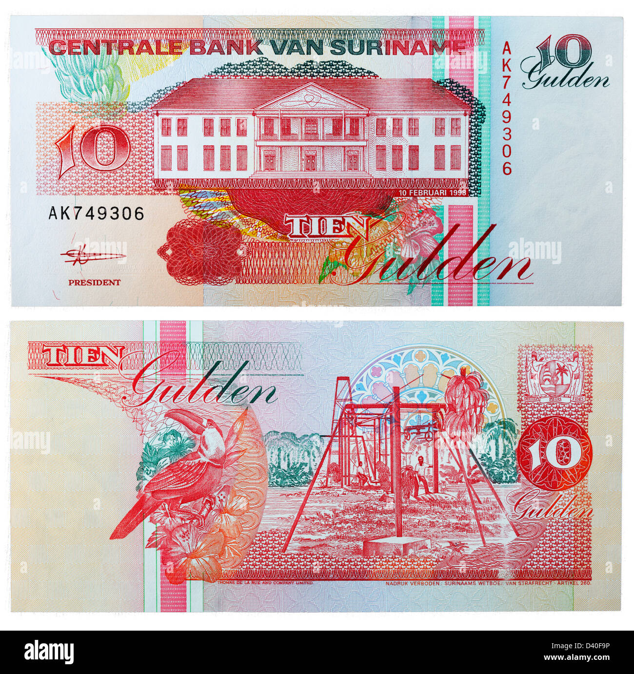 10 Gulden banconota, Central Bank Building, Paramaribo, banana raccolta, Toucan, Suriname, 1998 Foto Stock