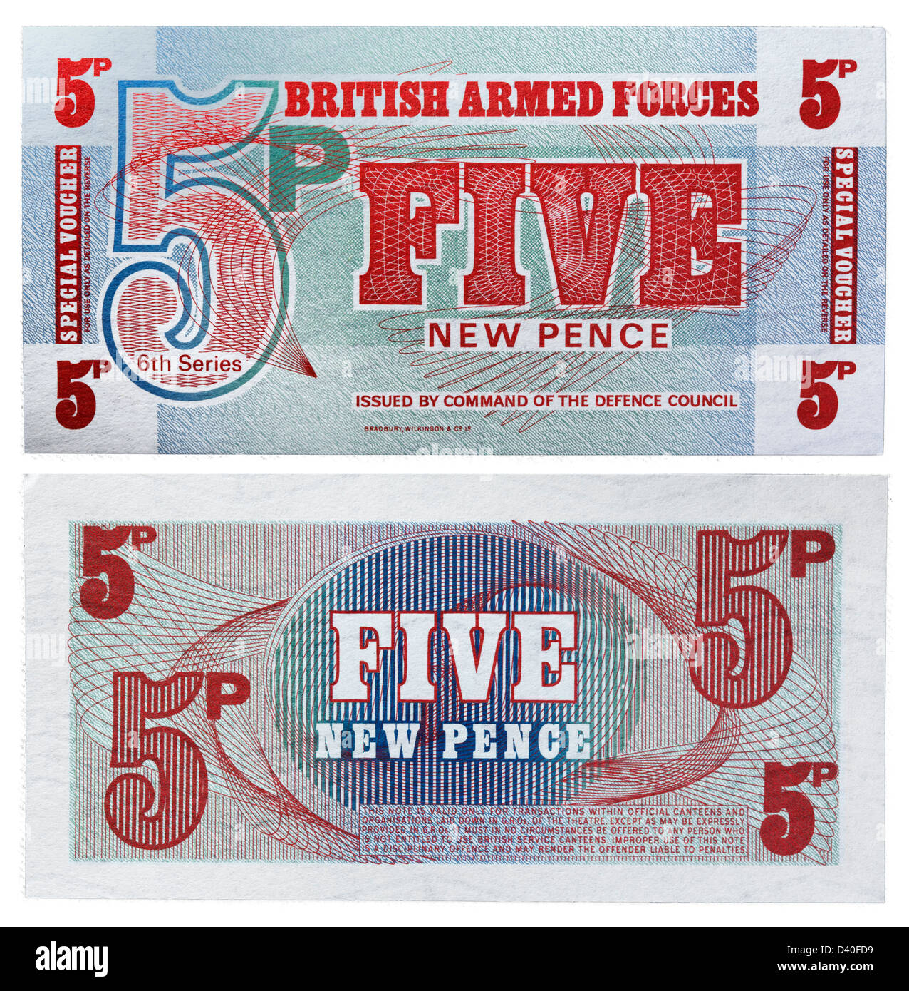 5 nuovi pence banconota, UK, forze armate britanniche, 1972 Foto Stock