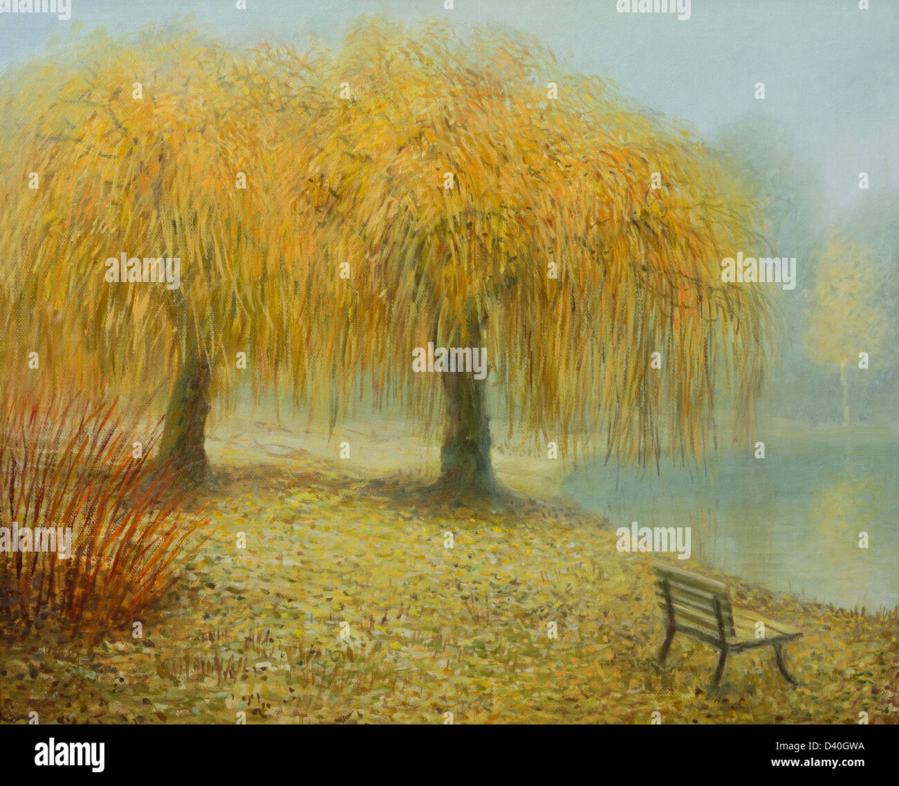 Un dipinto ad olio su tela di un paio di salice piangente gli alberi del parco nei pressi di un lago in un inizio autunno nebbiosa mattina. Foto Stock