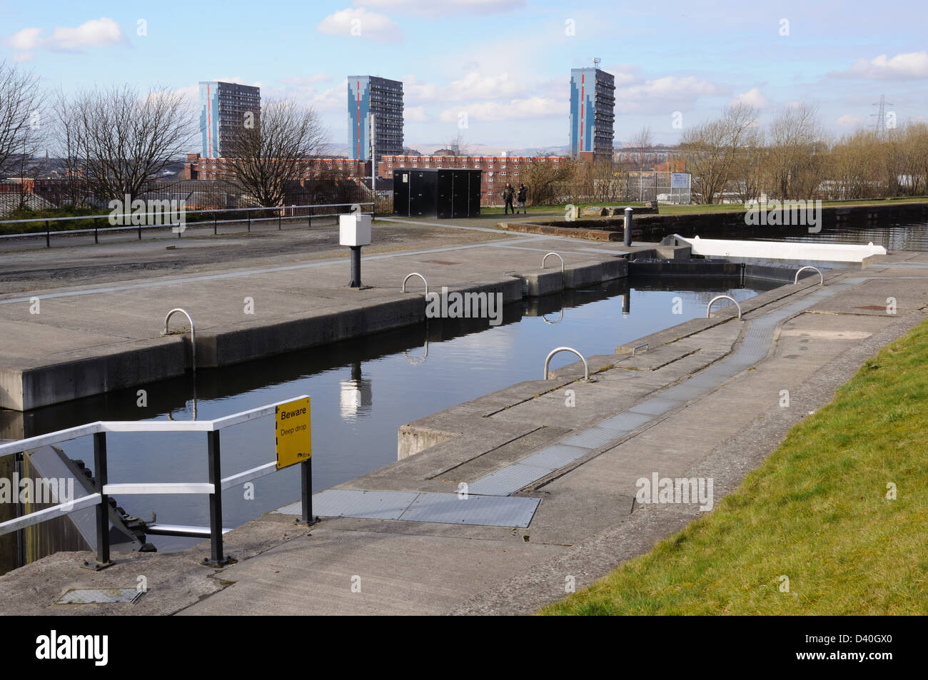 Forth e Clyde sistema di bloccaggio canale a Speirs Wharf, Glasgow, Scozia, Regno Unito, Europa Foto Stock