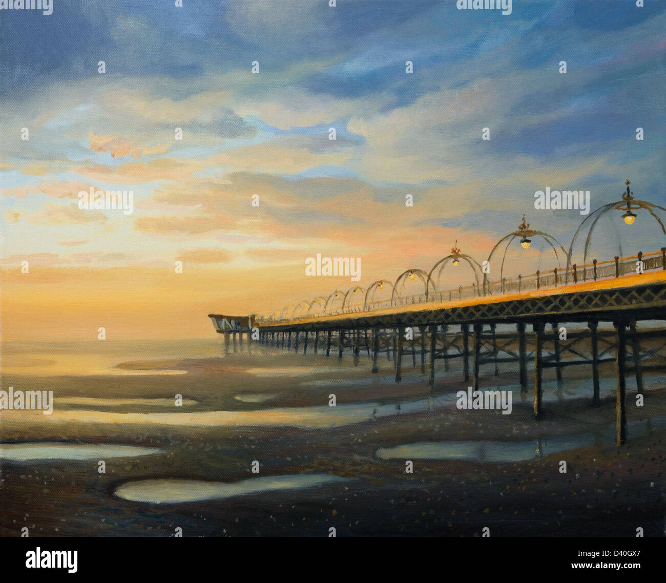 Colorato tramonto romantico sulla Ocean Shore con molo in legno a Southport, Regno Unito ricreato sulla tela. Foto Stock