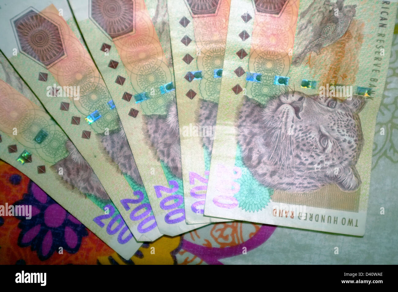 Cinque 200 Rand note sparse. Foto Stock