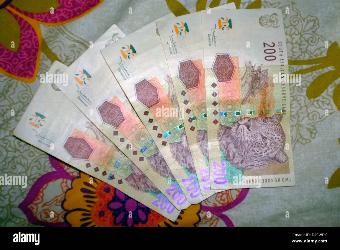 Cinque 200 Rand note sparse. Foto Stock