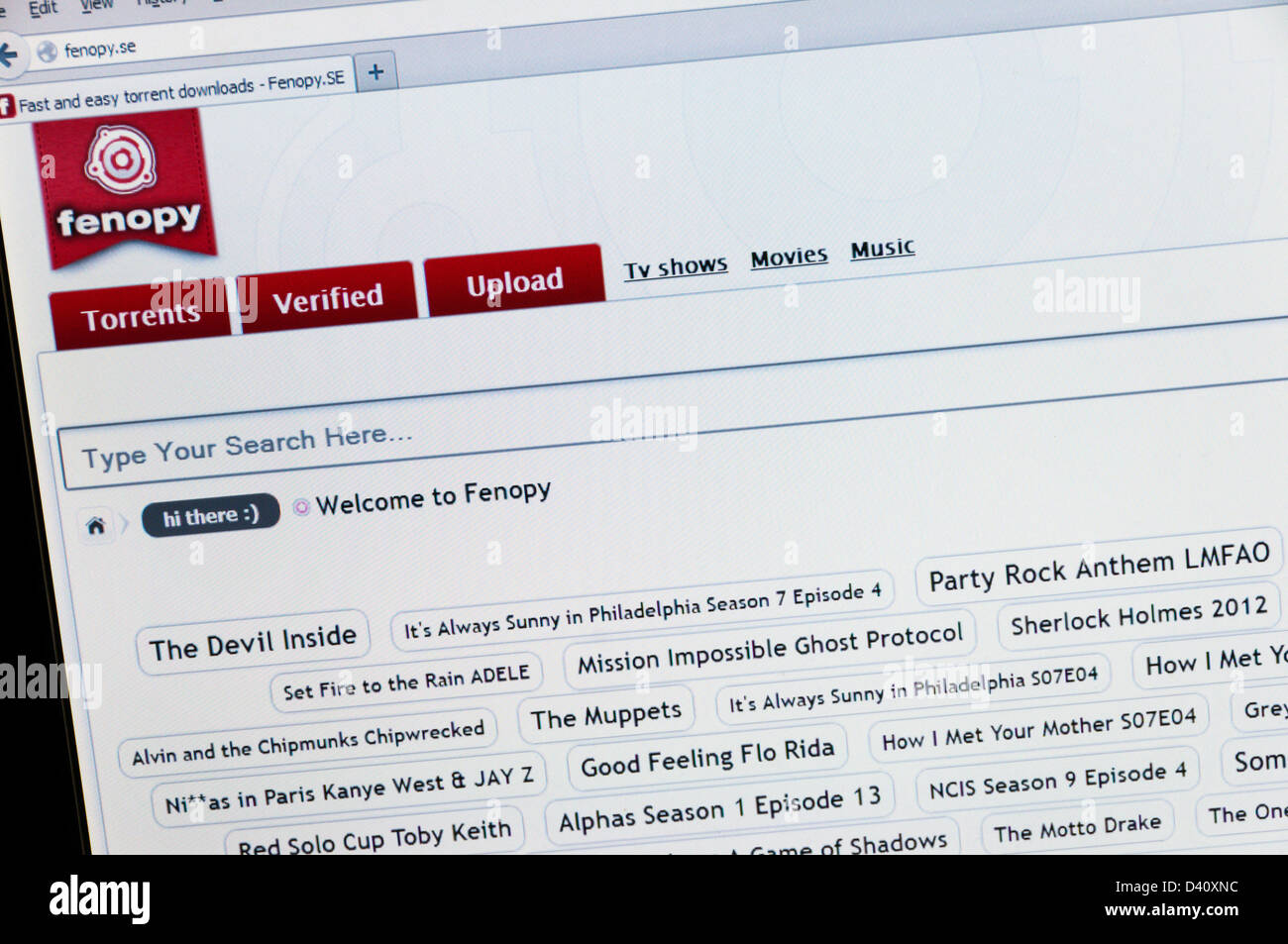 Londra, 28 febbraio 2013. La High Court ha concesso un ordine contro sei UK internet service provider che richiede loro di bloccare l'accesso ai tre film e musica a bit torrent file di siti web di condivisione. I siti per essere bloccati vengono KAT (o Kick Ass Torrent), H33T e Fenopy. La fotografia mostra il Fenopy sito web. Credito: sjscreens/Alamy Live News Foto Stock