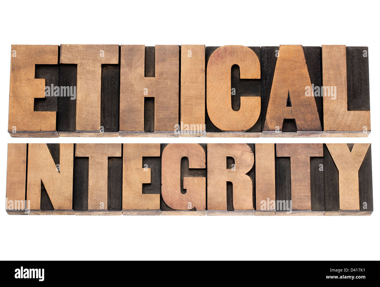 Integrità etica - testo isolato in rilievografia tipo legno blocchi di stampa Foto Stock