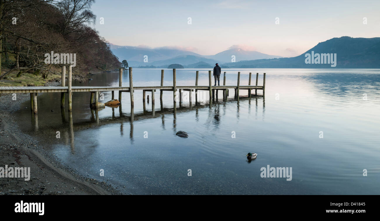 Alba al Molo Brandelhow, Derwent Water, Cumbria, Lake District, England, Regno Unito Foto Stock