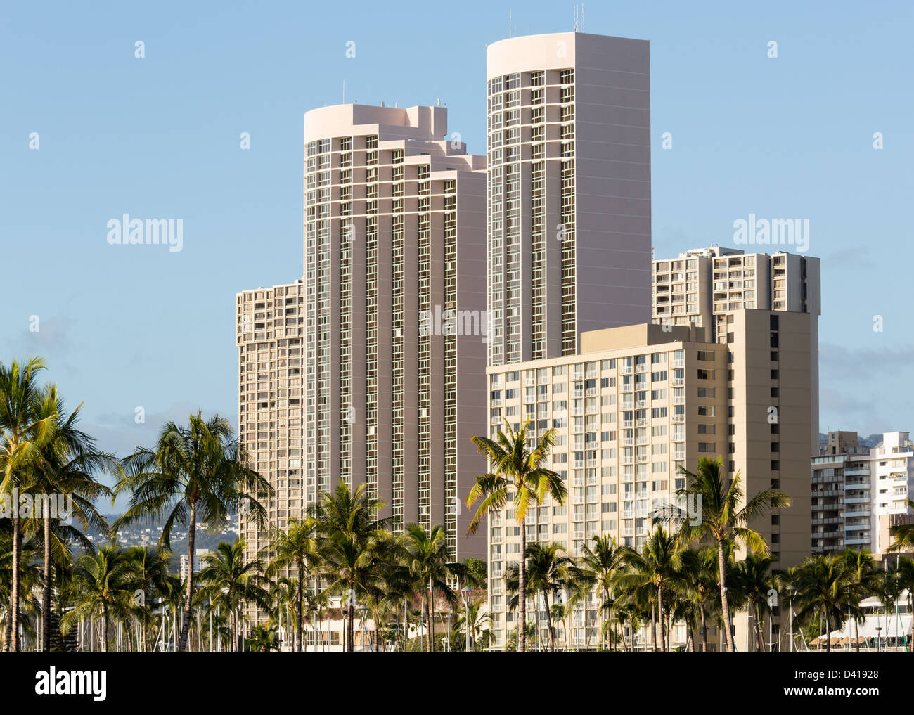 Esterno del moderno hotel sul fronte mare di Waikiki, Honolulu Oahu Island, Hawaii Foto Stock