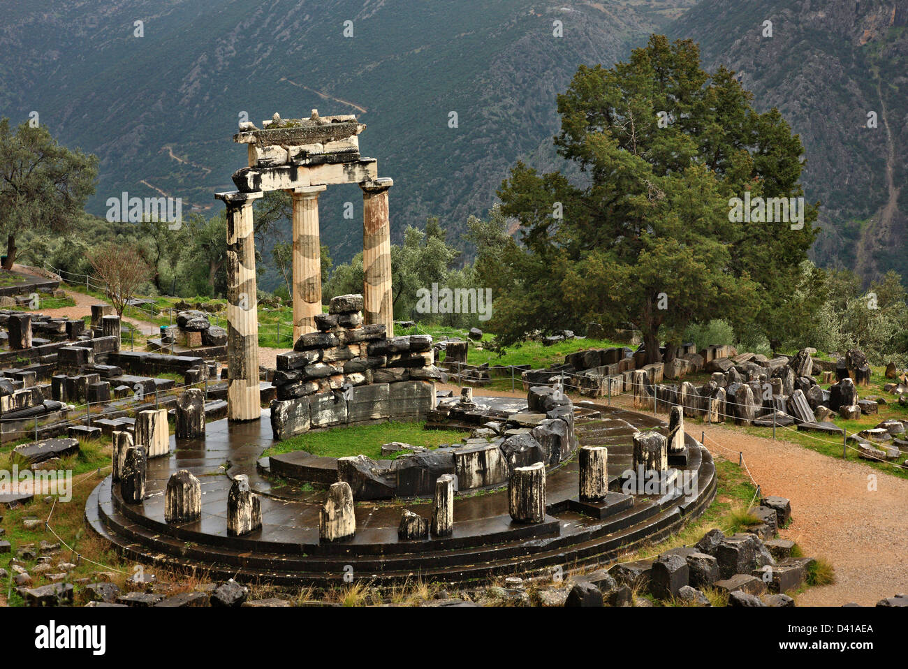Il tempio di Atena Pronaia (Pronaea) all antica Delphi, "l' ombelico del mondo antico, FOCHIDA, GRECIA CENTRALE. Foto Stock