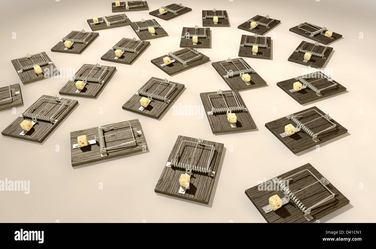 Una schiera regolare di legno e metallo mousetraps ogni innescata con un blocco di formaggio su un sfondo isolato Foto Stock
