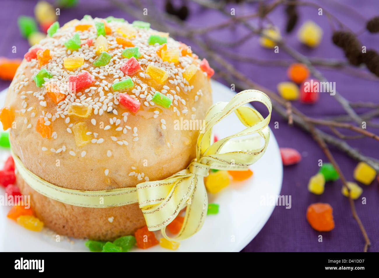 Kulich dolce per Pasqua, torta di Pasqua closeup Foto Stock
