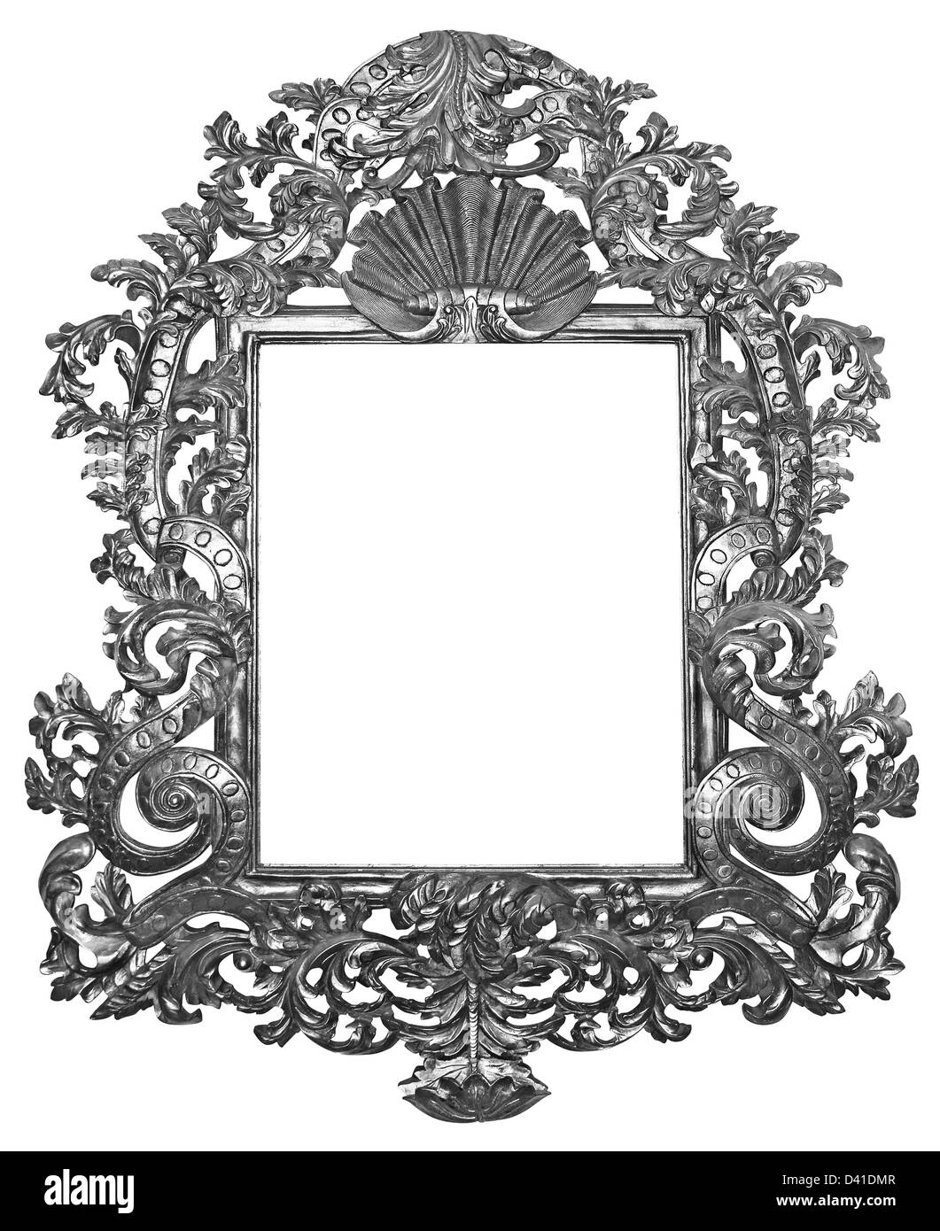 Il vecchio telaio di legno specchio argentato e arazzi Foto Stock