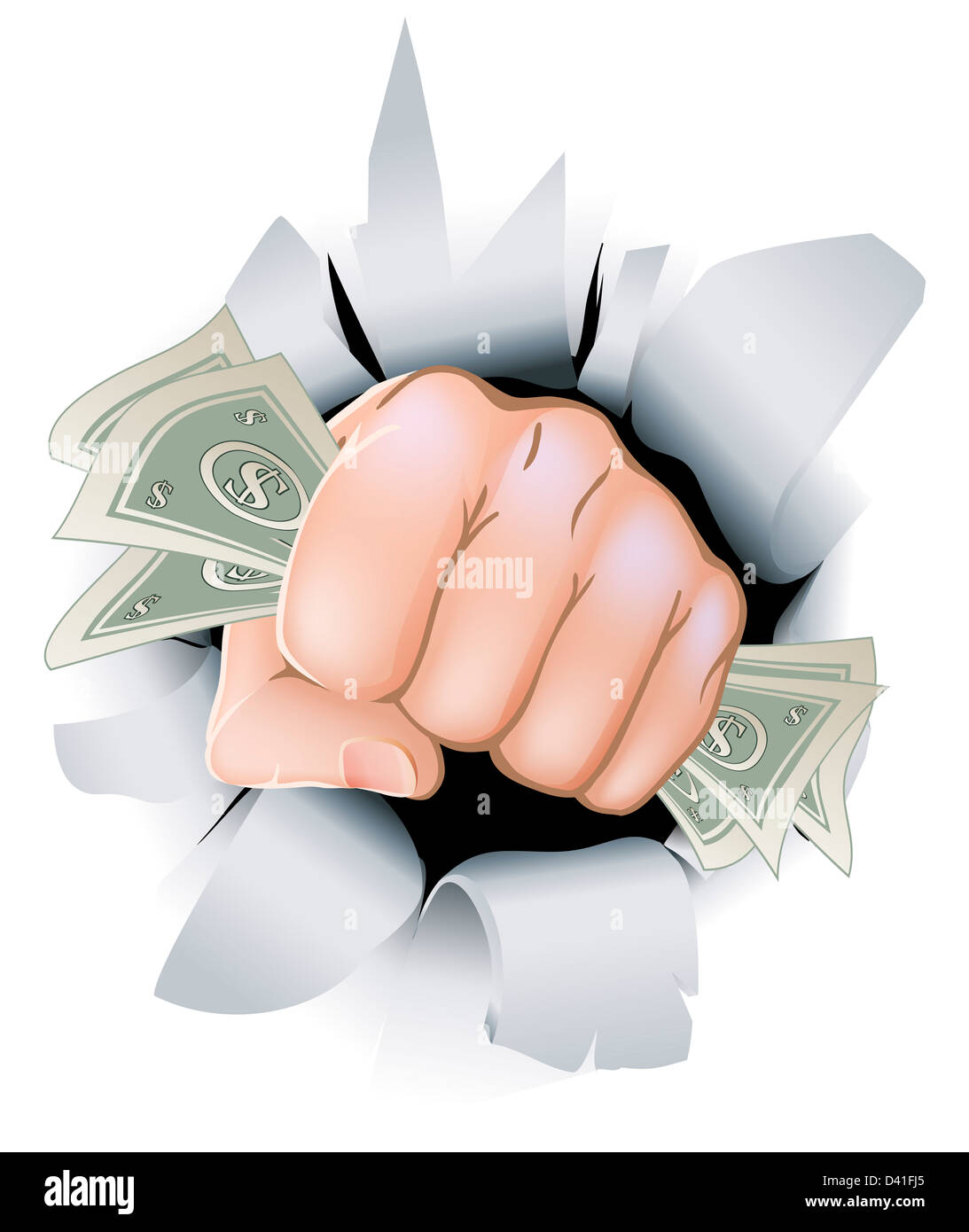 Un pugno pieno di carta money money, dollari smashing attraverso lo sfondo o parete. Foto Stock