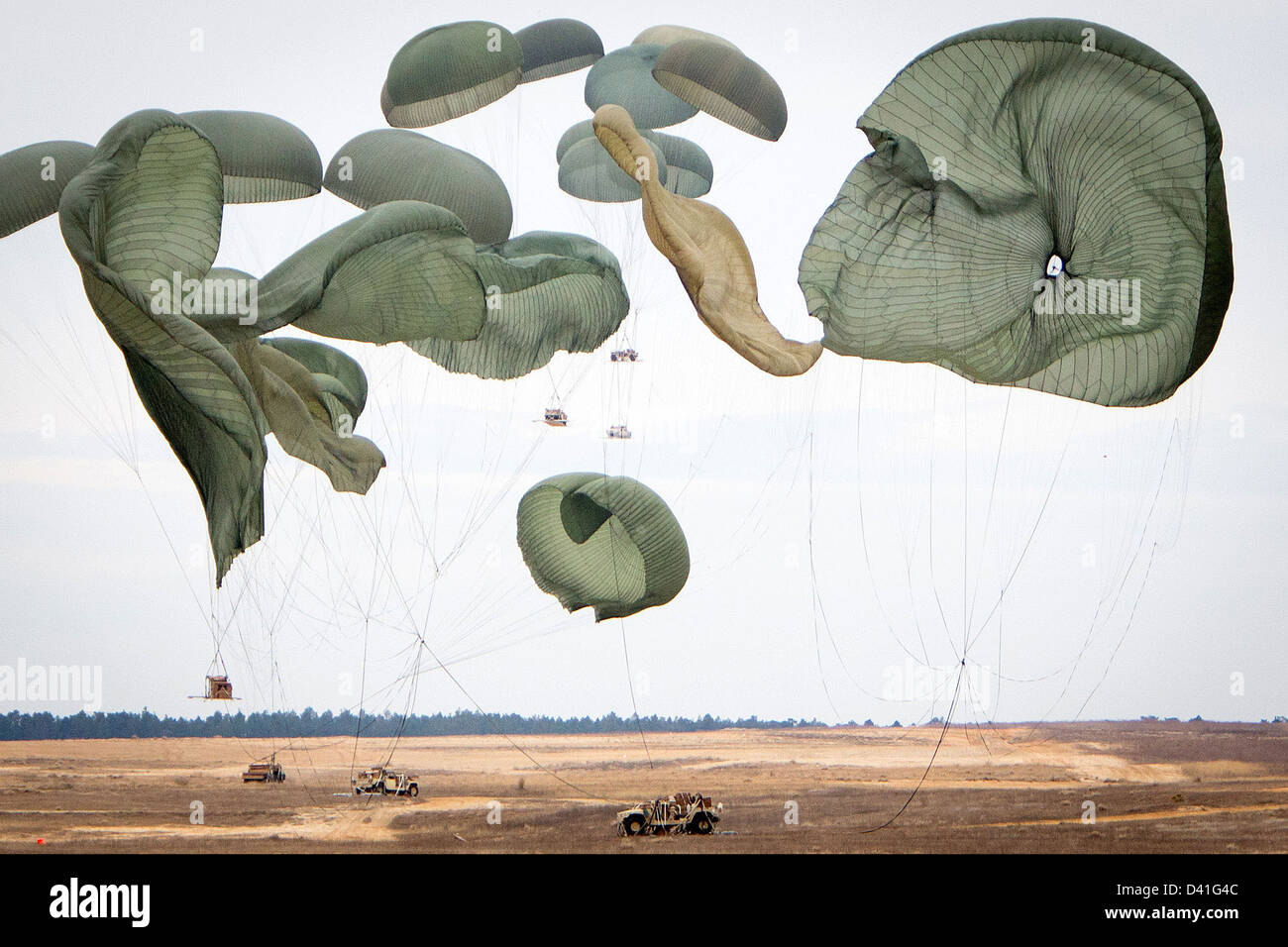 Parachute canopies cover the sky during a US Air Force heavy equipment airdrop exercise February 25, 2013 at Fort Bragg, NC. Foto Stock