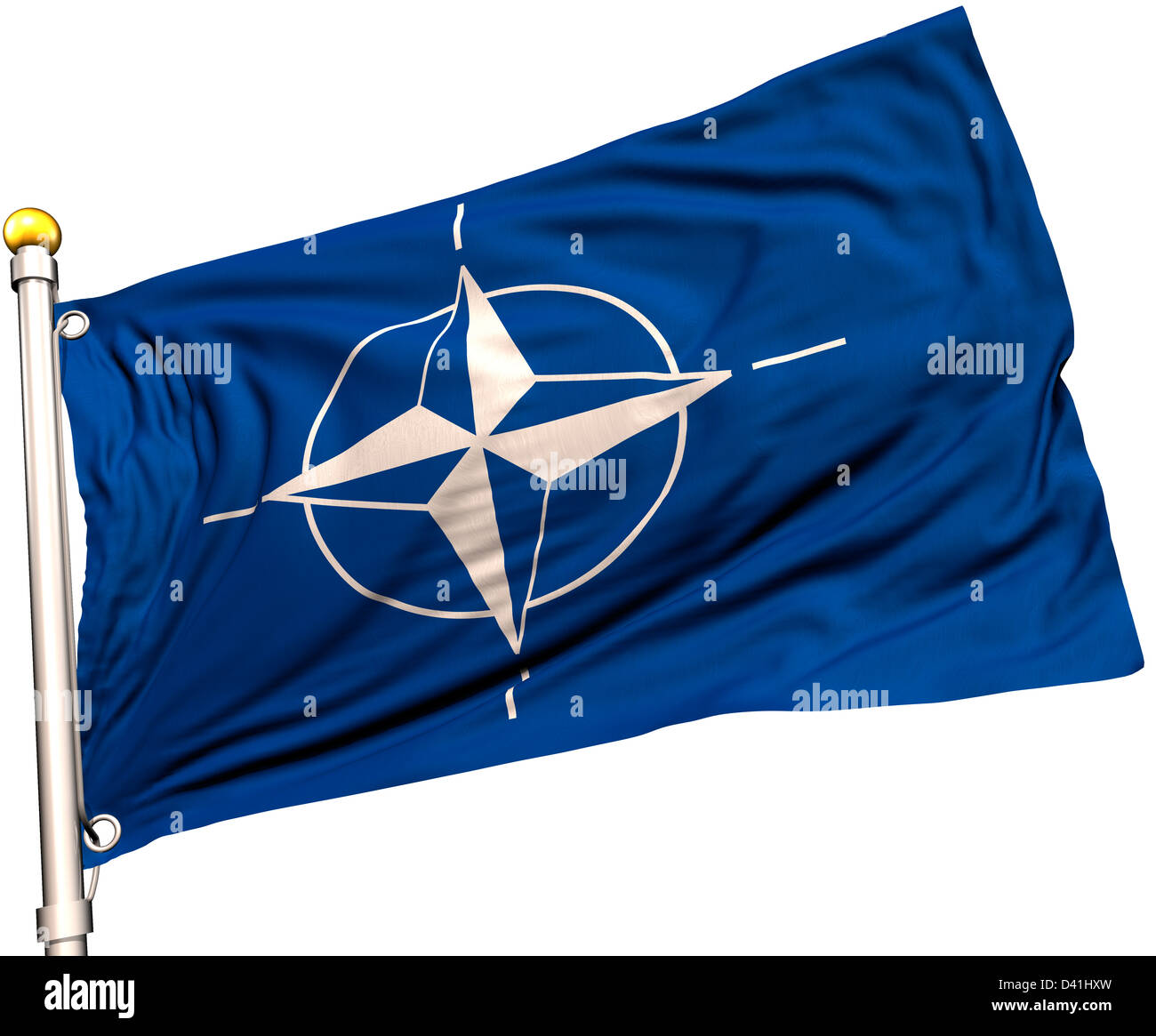 Bandiera della Nato su un palo di bandiera. Percorso di clipping incluso. Tessitura della seta visibile sulla bandiera a 100%. Foto Stock