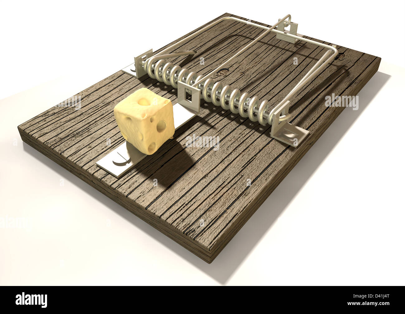 Un normale legno e metallo mousetrap innescata con un blocco di formaggio su un sfondo isolato Foto Stock