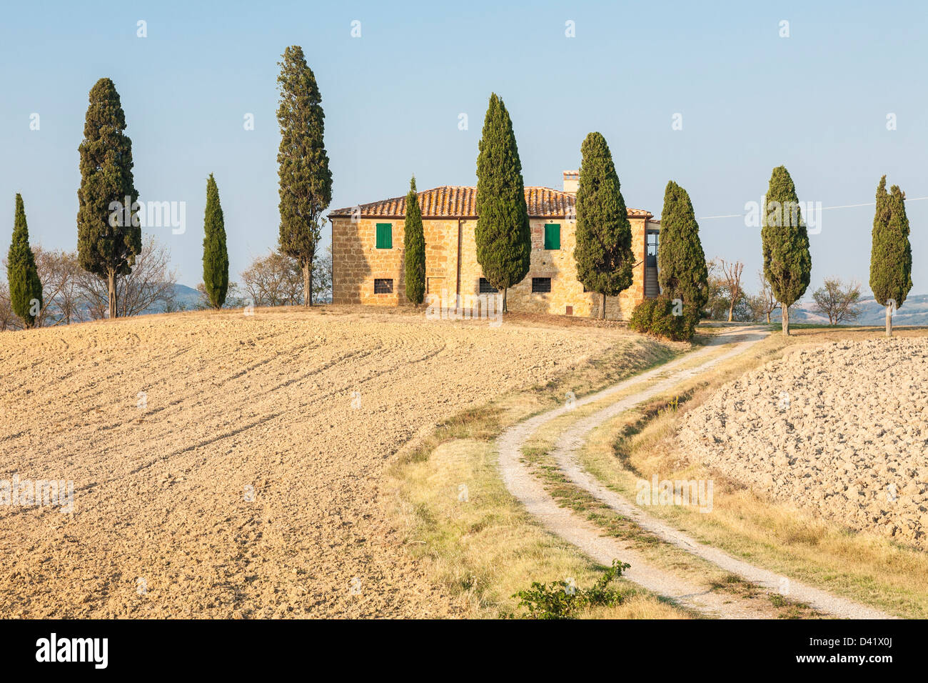La via che conduce alla casa colonica, Val d'Orcia, Toscana, Italia Foto Stock