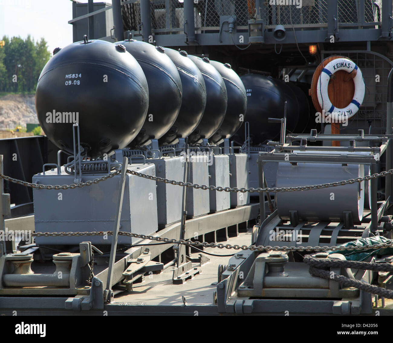 Miniere di mare a bordo del sommergibile posamine Keihässalmi, attualmente una nave museo della marina finlandese di Turku. Foto Stock