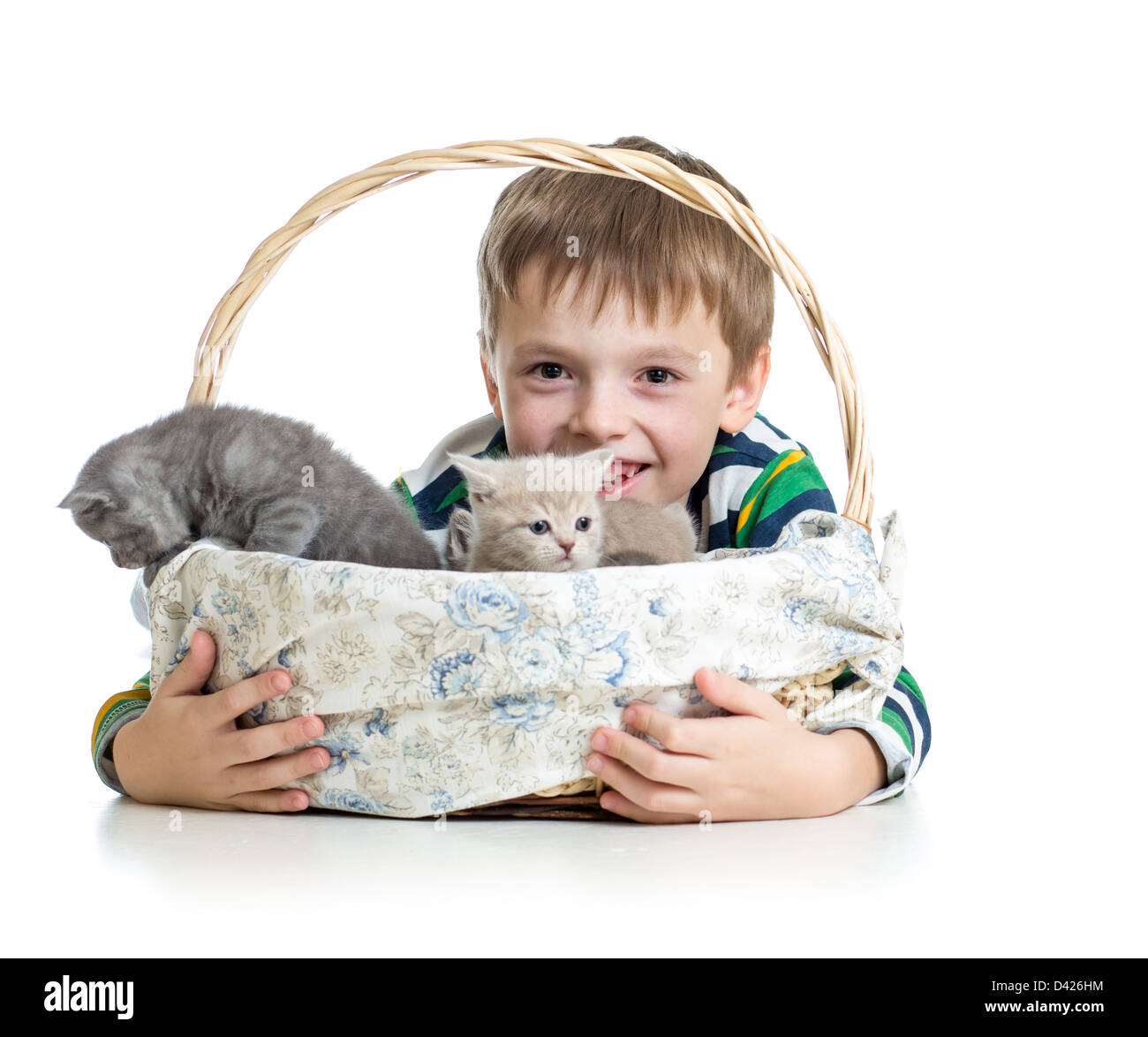 Kid ragazzo con i gattini isolati su sfondo bianco Foto Stock