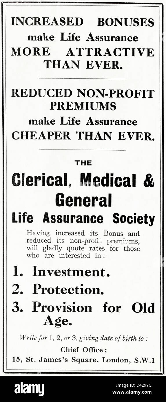 Originale di 1920s vintage stampa pubblicitaria da English Country Gentleman's pubblicità sui giornali clericali Medical & vita generale della Società di assicurazione Foto Stock