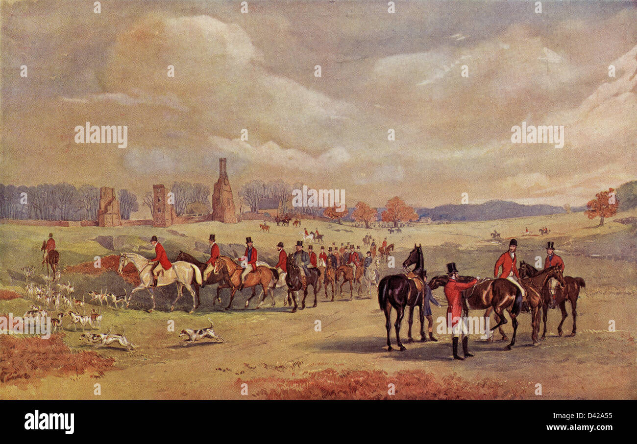 Fox hunting scene 'A SODDISFARE di Quorn a Glenfield Lodge nel 1860' un acqua-colore dipinto dall'artista John E. Ferneley ( 1782 - 1860 ) Foto Stock