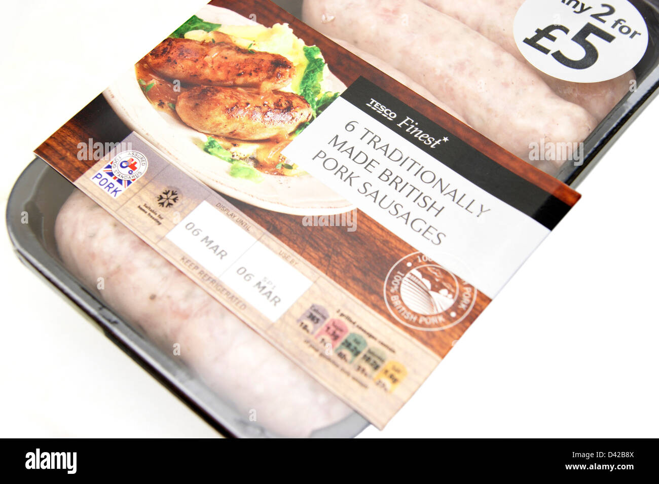 Tesco Finest realizzati tradizionalmente BRITISH salsicce di maiale realizzato con il 100% di maiale britannico Foto Stock