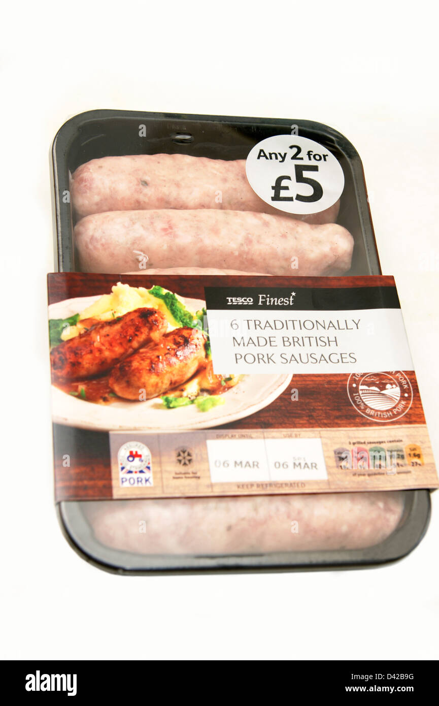 Tesco Finest realizzati tradizionalmente BRITISH salsicce di maiale realizzato con il 100% di maiale britannico Foto Stock