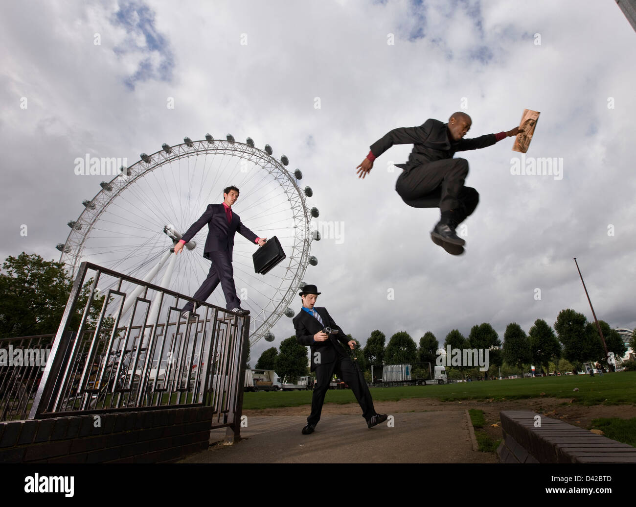 Parkour in giacca, Corporate risk, Londra Foto Stock