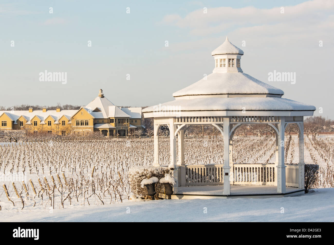Canada, Ontario, Niagara-on-the-Lake Ontario, azienda vinicola Peller Estate in inverno con un gazebo in primo piano Foto Stock