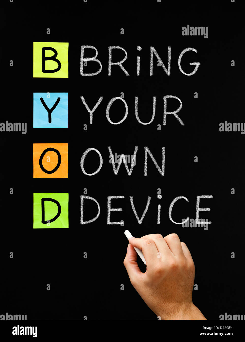 La scrittura a mano di portare il proprio dispositivo con gesso bianco sulla lavagna. Foto Stock