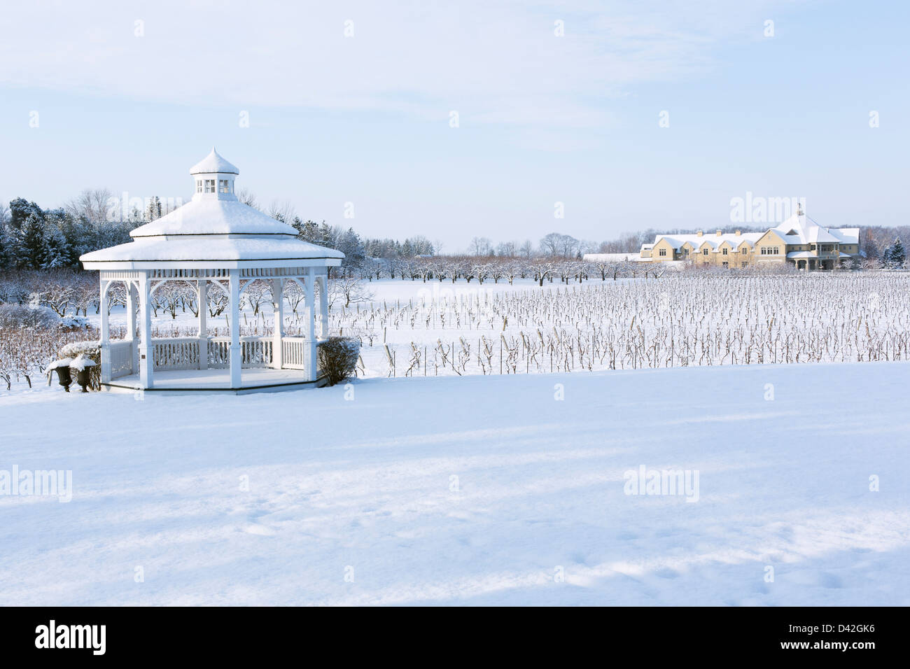 Canada, Ontario, Niagara-on-the-Lake Ontario, azienda vinicola Peller Estate in inverno, con gazebo Foto Stock