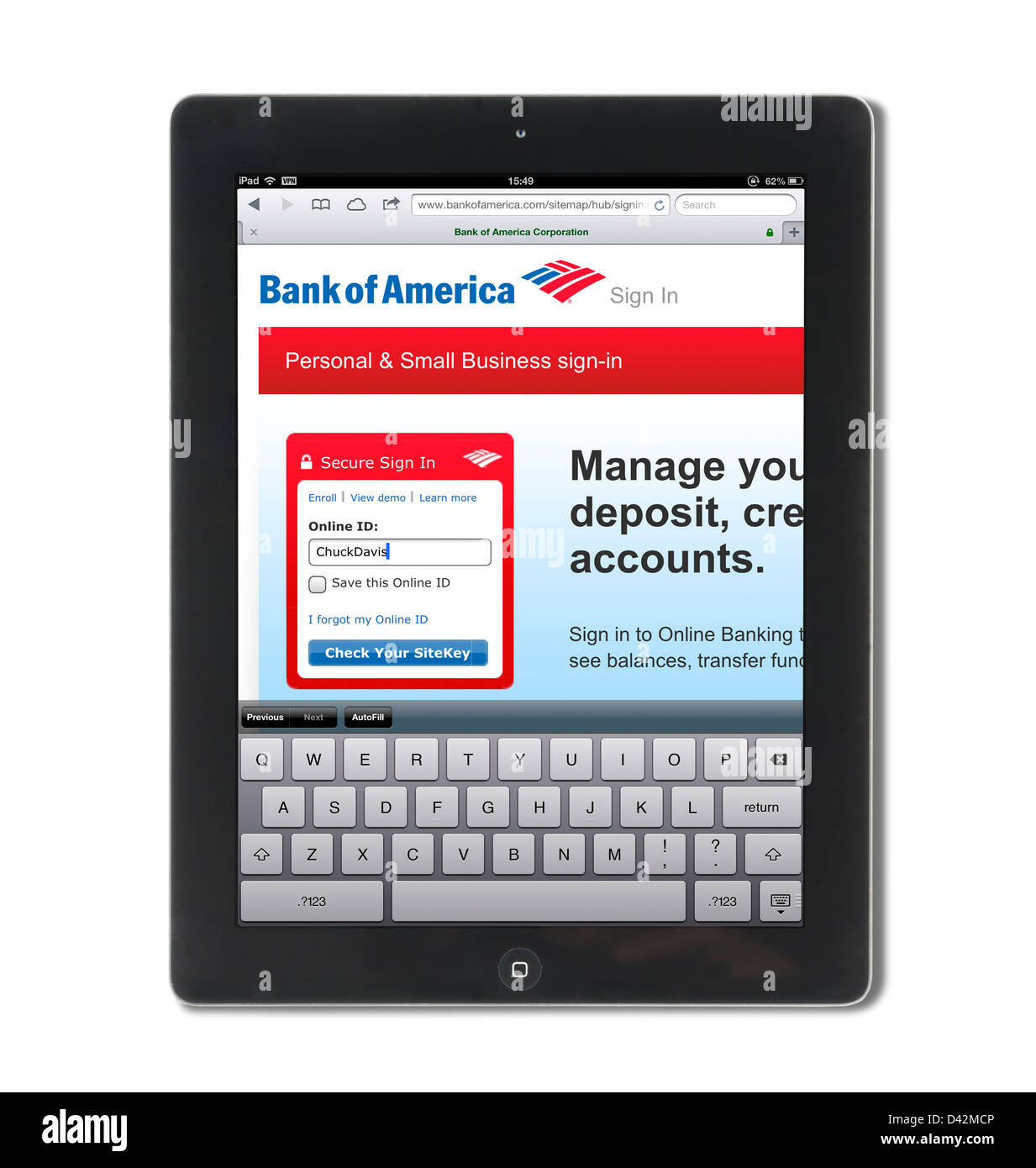 Accesso a una banca di America account su un iPad 4, STATI UNITI D'AMERICA Foto Stock