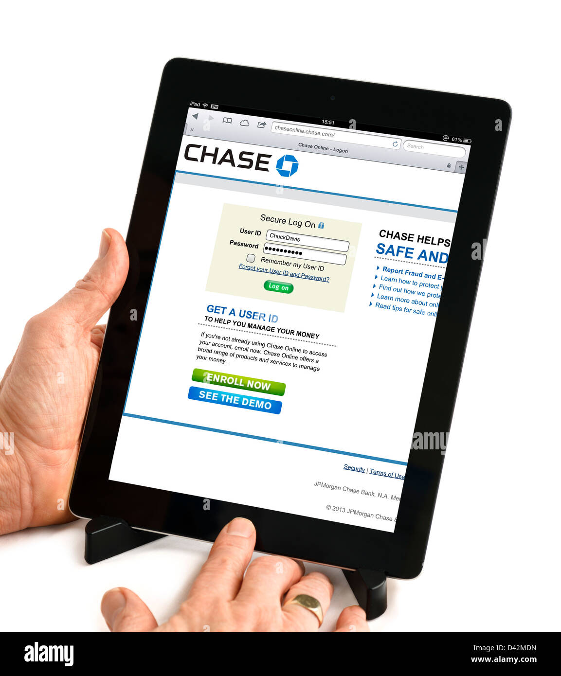 Accesso a un Chase Bank account su un iPad 4, STATI UNITI D'AMERICA Foto Stock