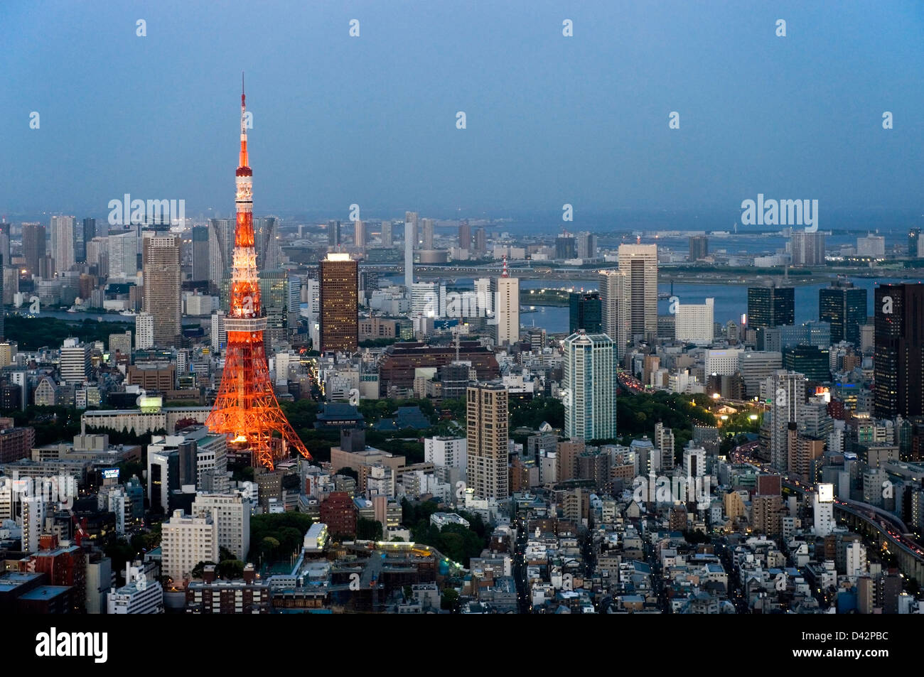 Di sera presto vista aerea del centro metropolitano di Tokyo skyline della città con alti edifici, tra cui la Torre di Tokyo. Foto Stock