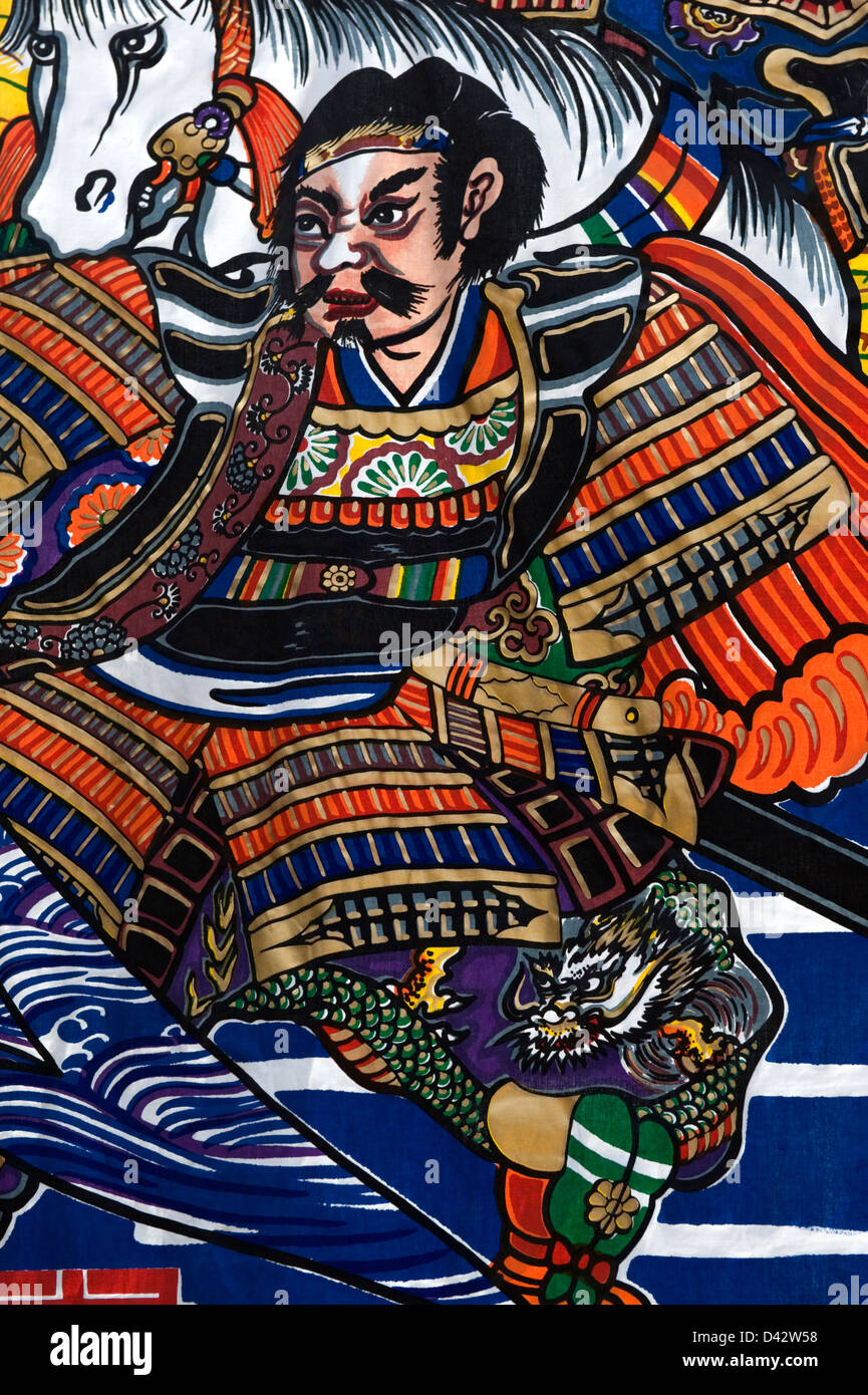 Un dipinto su tessuto di un samurai warrior nel calore della battaglia in stile tradizionale. Foto Stock