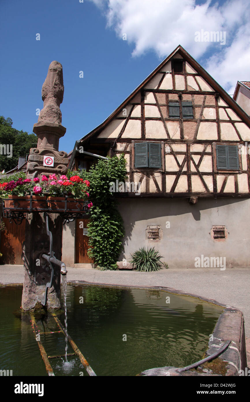 Fontana del villaggio con con casa in legno e muratura in Alsazia, Francia Foto Stock