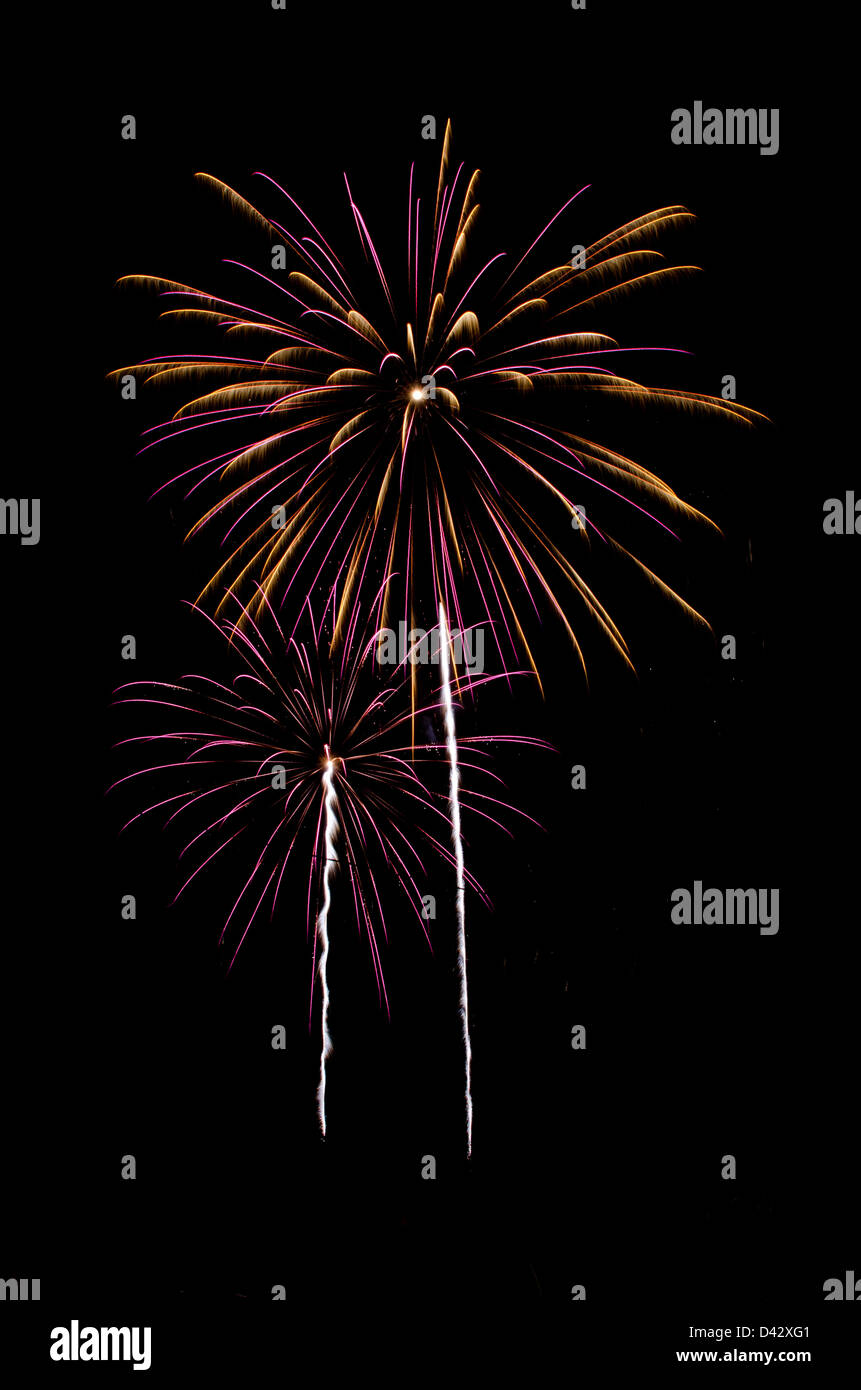 Viola e oro shell crisantemo fuochi d'artificio oltre la collina blu Fiera, Maine. Foto Stock