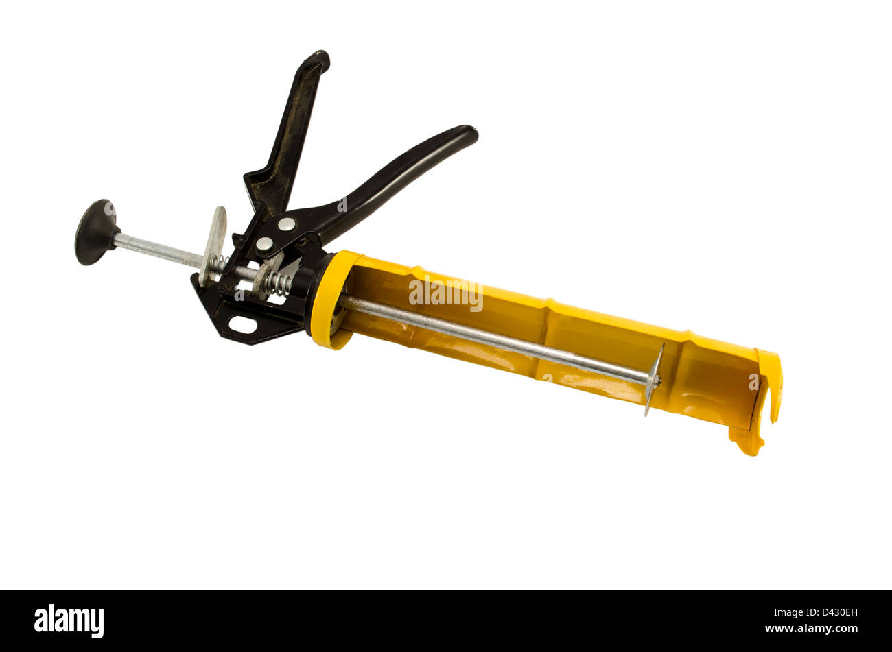 Silicone giallo pistola per colla strumento per opere impermeabili isolati su sfondo bianco Foto Stock