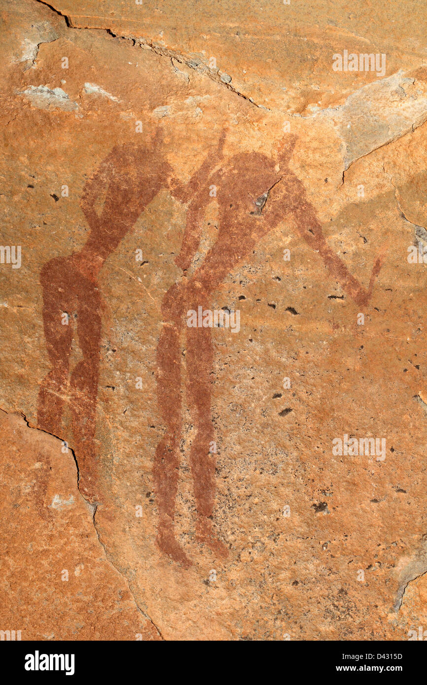 I Boscimani (SAN) rock dipinto raffigurante figure umane, Drakensberg mountains, Sud Africa Foto Stock