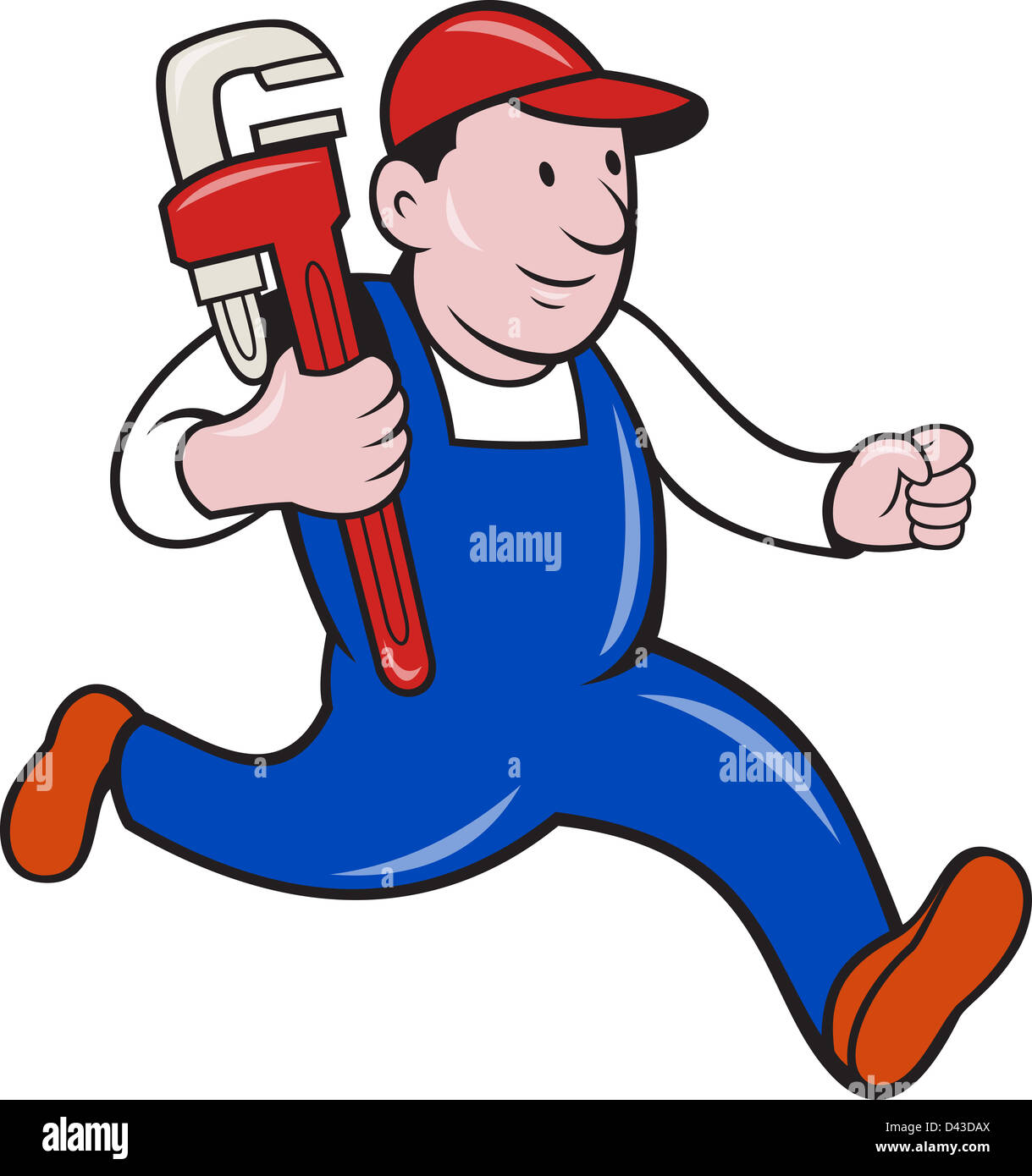 Illustrazione di un idraulico con Monkey Wrench fatto in stile cartoon su sfondo isolato. Foto Stock
