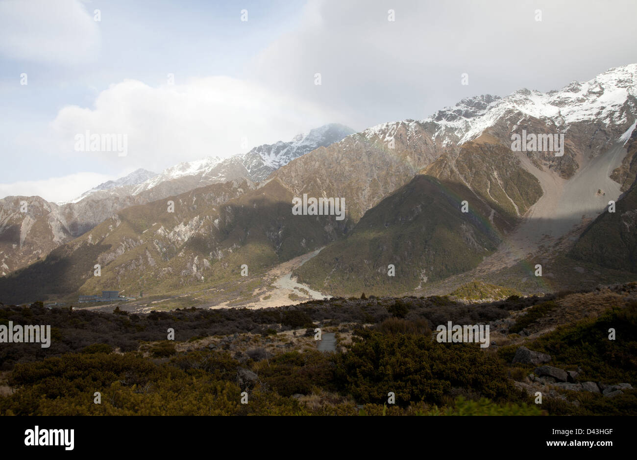 Uno splendido scenario di Mt Cook valli alla mattina il tempo a Central Otago Alpi del Sud montagne Isola del Sud della Nuova Zelanda Foto Stock