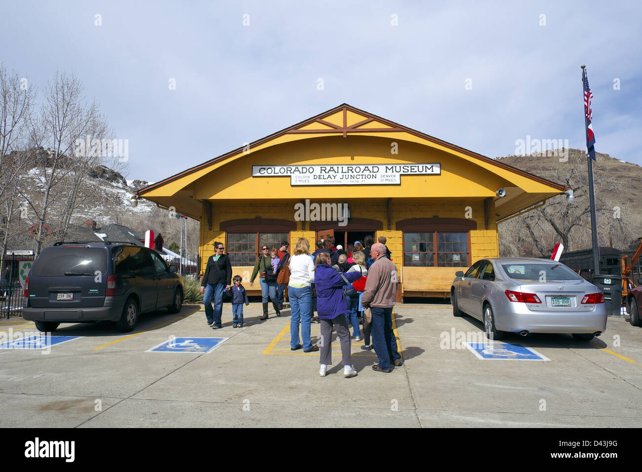 L ingresso del Colorado Railroad Museum appena fuori Golden, Colorado Foto Stock